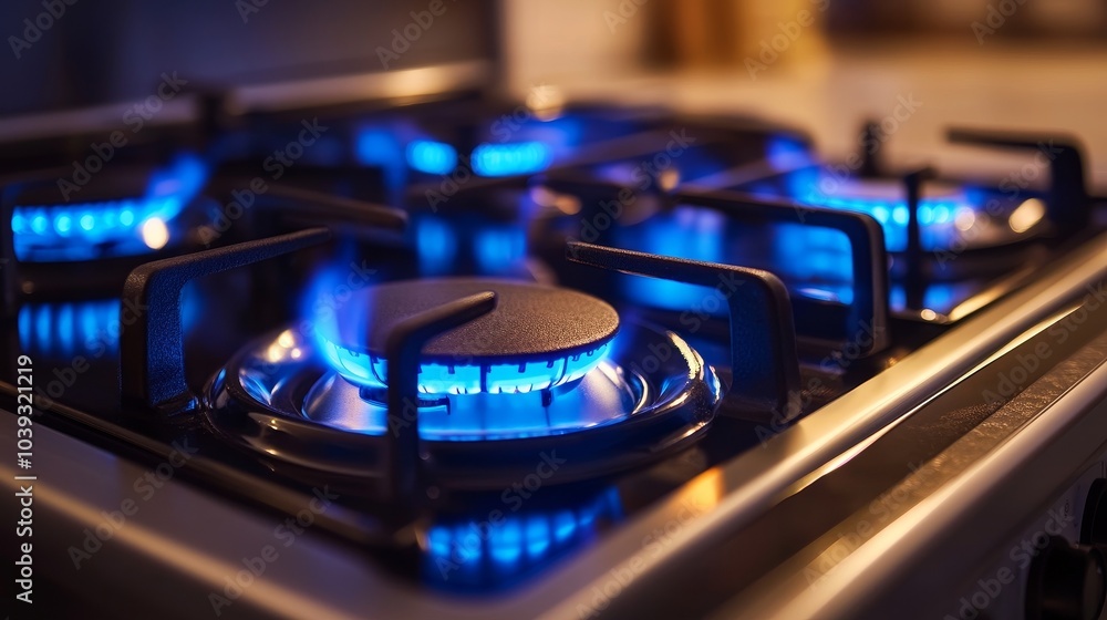 Close-up view of a gas stove with blue flames in a modern kitchen during the evening Close-up view of a gas stove with blue flames in a modern kitchen during the evening