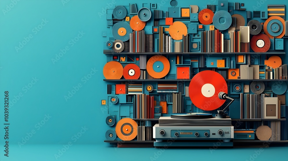 Obraz premium Stylish and Minimalist Layered Paper Cut Vinyl Bookshelf with Turntable Playing Vintage Music in a Cozy and Retro Inspired Setting