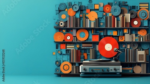 Stylish and Minimalist Layered Paper Cut Vinyl Bookshelf with Turntable Playing Vintage Music in a Cozy and Retro Inspired Setting