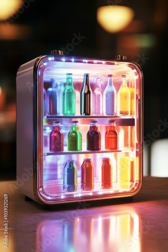 A vibrant mini fridge showcasing colorful beverages in a cozy bar setting