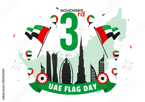 United Arab Emirates Flag Day Vector Illustration on 3rd November featuring National Flags and Decorative Ornaments in a Flat Style Cartoon Background