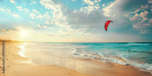 Kitesurfing at Sunset on a Tropical Beach