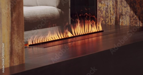 Close-up artificial electronic fireplace burning with smoke fire. Bio fireplace burn. Modern smart ecological alternative technologies Interior design of house inside. Electric modern fireplace