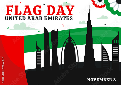 United Arab Emirates Flag Day Vector Illustration on 3rd November featuring National Flags and Decorative Ornaments in a Flat Style Cartoon Background