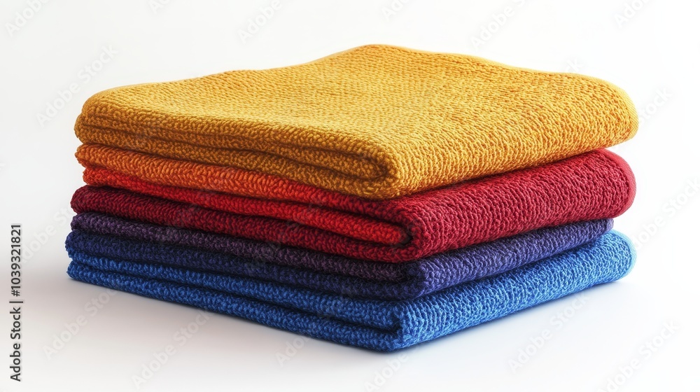 Colorful stack of textured towels arranged neatly on a white background Colorful stack of textured towels arranged neatly on a white background