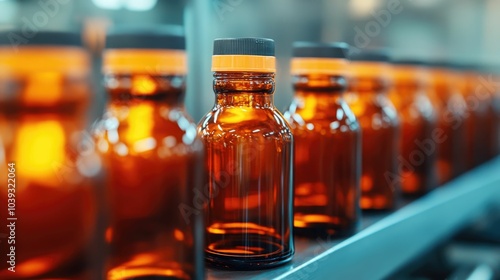 Rows of amber colored glass bottles being formed and shaped in a high tech glass manufacturing plant showcasing the industrial glass bottle production process and workflow