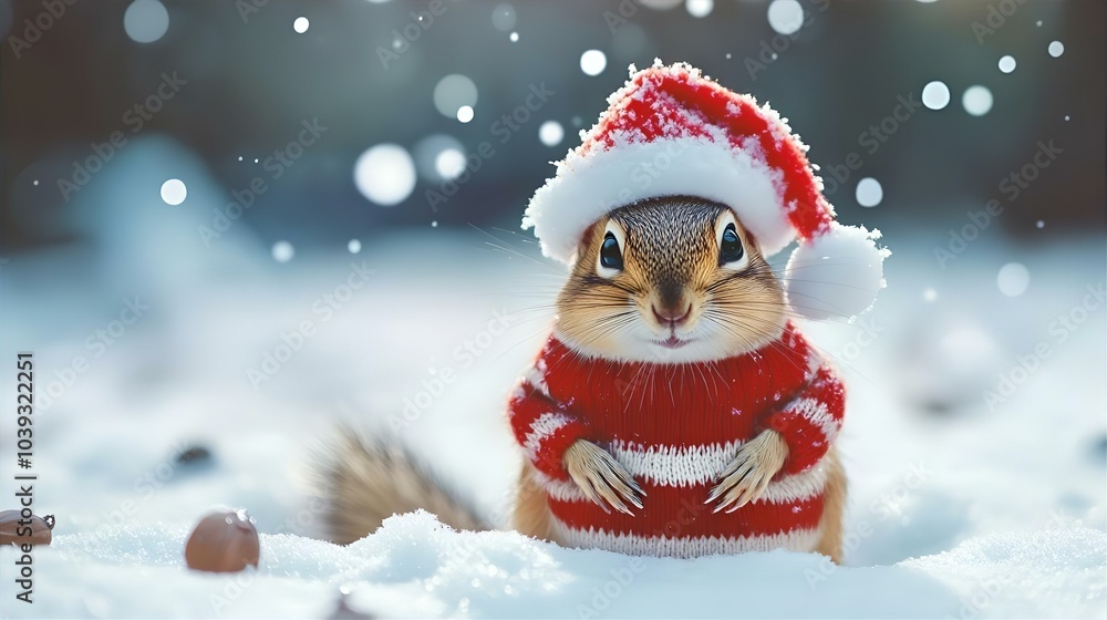 A cute squirrel in a red and white striped sweater with a matching red and white hat sits on the snow. A cute squirrel in a red and white striped sweater with a matching red and white hat sits on the snow.