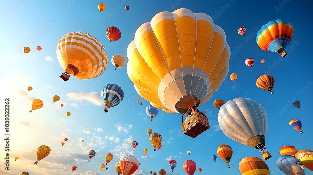 Fototapeta premium Vibrant and Lively Hot Air Balloon Festival with Dozens of Colorful Balloons Ascending into a Clear Picturesque Sky Outdoor Adventure and Scenic Landscape
