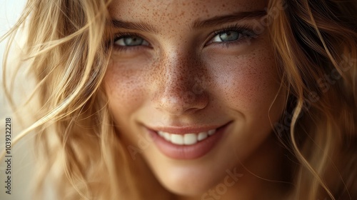 Smiling young woman with freckles and wavy hair in soft natural light