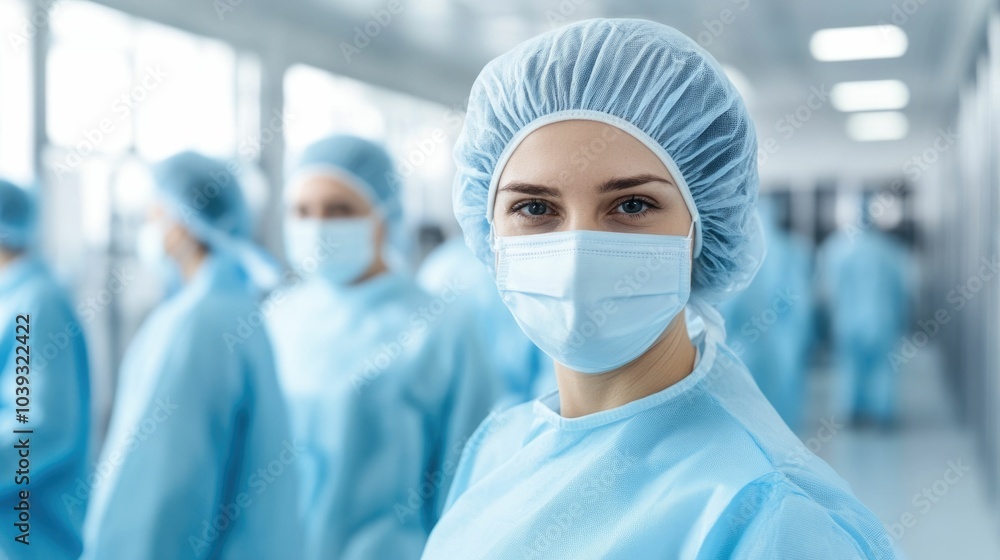 A group of workers wearing protective gear and uniforms assemble medical devices in a cleanroom environment A group of workers wearing protective gear and uniforms assemble medical devices in a cleanroom environment