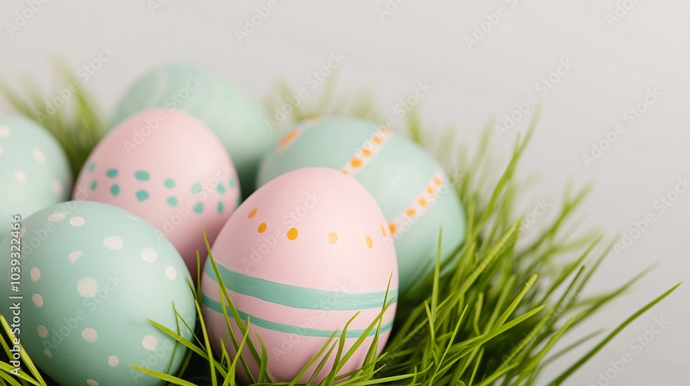 A basket of painted eggs with green and pink stripes A basket of painted eggs with green and pink stripes