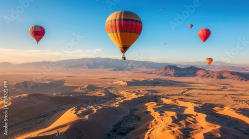 Colorful Hot Air Balloons Soaring Over Majestic Landscape photo