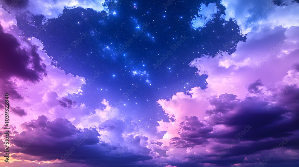 A colorful sky with purple and blue clouds and stars. The sky is filled with a sense of wonder and awe, as if the viewer is looking up at the vastness of the universe. The colors are vibrant A colorful sky with purple and blue clouds and stars. The sky is filled with a sense of wonder and awe, as if the viewer is looking up at the vastness of the universe. The colors are vibrant