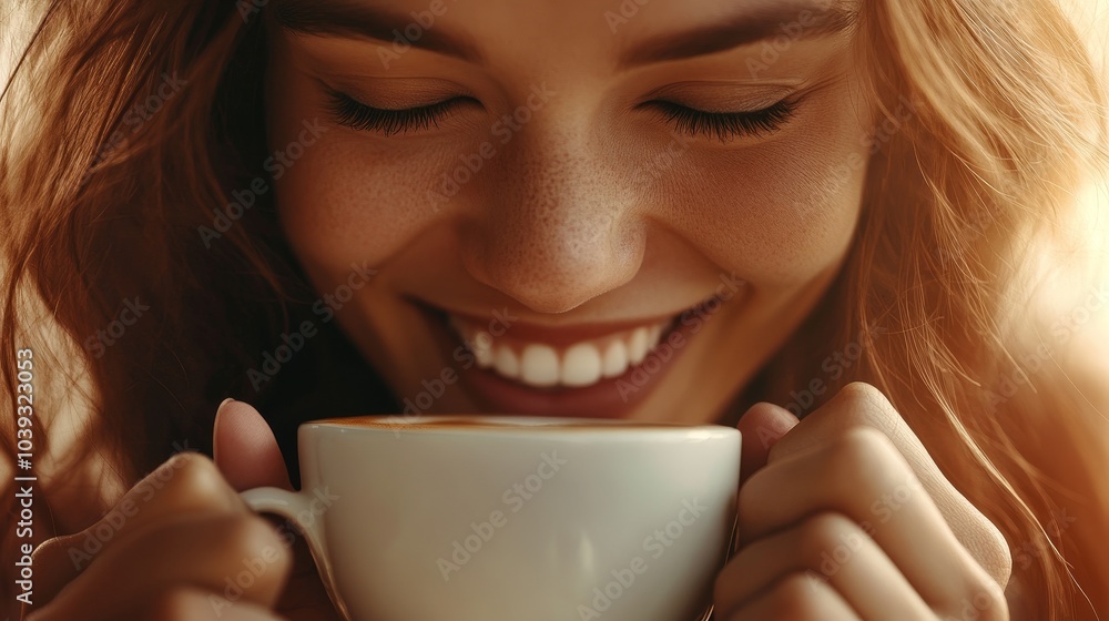 Smiling woman enjoying a warm cup of coffee in a cozy setting Smiling woman enjoying a warm cup of coffee in a cozy setting
