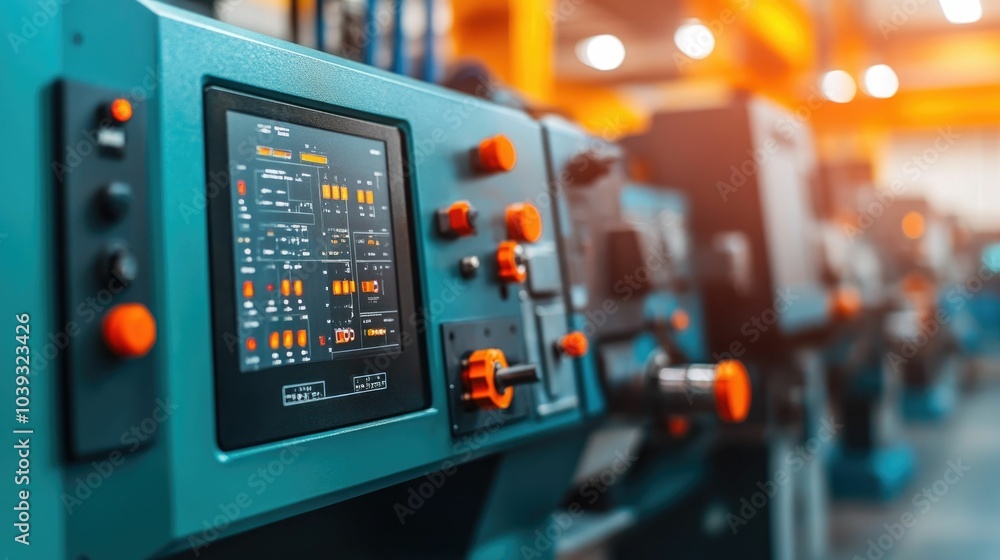 Precision metal manufacturing process with a row of CNC machines precisely shaping and forming metal components in an industrial workshop setting Precision metal manufacturing process with a row of CNC machines precisely shaping and forming metal components in an industrial workshop setting