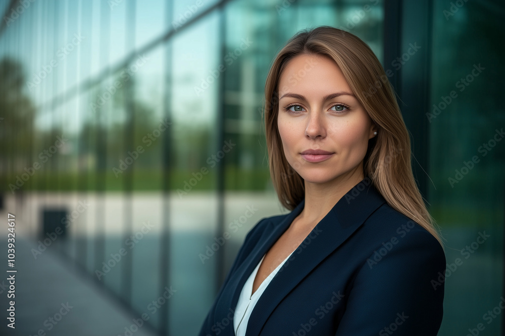 Professional headshot of a woman in business attire outside glass building Professional headshot of a woman in business attire outside glass building