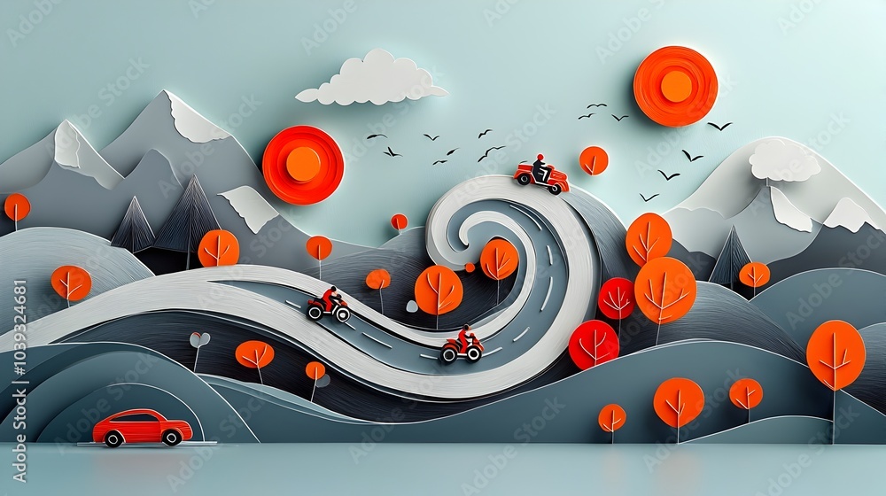 Obraz premium Winding road with motorcycles and cars in motion capturing the essence of adventure and the thrill of a journey through a scenic landscape