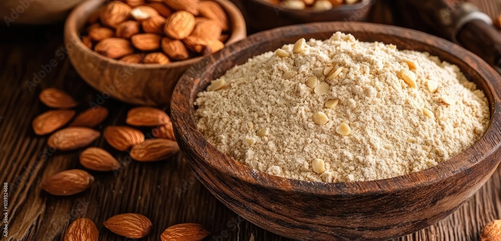 Bowl of almond flour surrounded by whole almonds on a rustic wooden table. Bowl of almond flour surrounded by whole almonds on a rustic wooden table.
