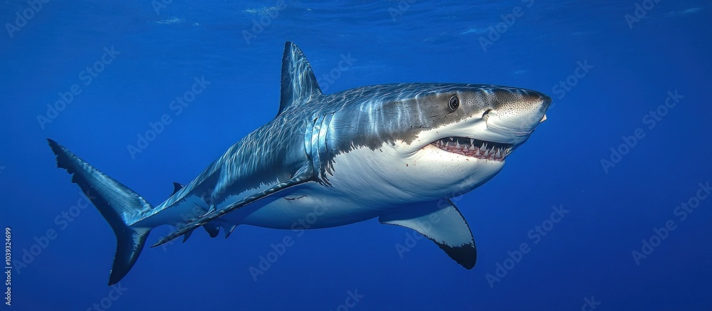 Fototapeta premium A great white shark swims through the ocean.