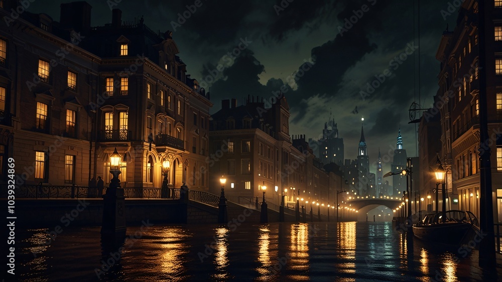 Fototapeta premium the dark and gritty streets of a steampunk metropolis, where towering clockwork buildings cast long shadows and the air is thick with the scent of coal and oil.