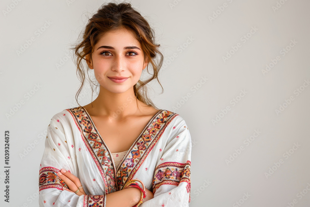 Portrait of a young woman in traditional clothing smiling confidently in a studio setting, showcasing elegance and cultural fashion. Portrait of a young woman in traditional clothing smiling confidently in a studio setting, showcasing elegance and cultural fashion.