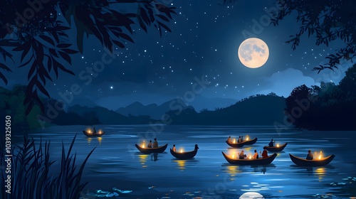 people releasing krathongs onto a peaceful river under the moonlight photo