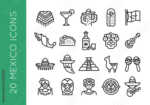 Mexico icons. Set of 20 Mexico trendy minimal icons. Example: Poncho, Margarita, Cactus, Tacos, Maya Pyramid icon. Design signs for web page, mobile app, packaging design. Vector illustration