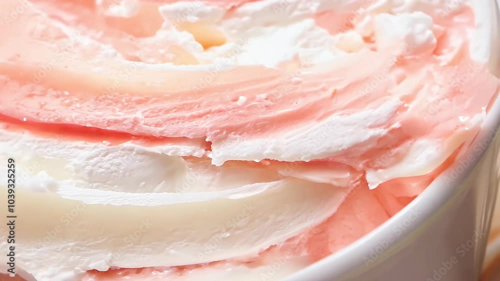 A closeup view delicious frozen fruit ice cream featuring white pink swirls spins slowly create enticing dessert food background all captured vibrant 4K quality texture yogurt high glacé cold A closeup view delicious frozen fruit ice cream featuring white pink swirls spins slowly create enticing dessert food background all captured vibrant 4K quality texture yogurt high glacé cold