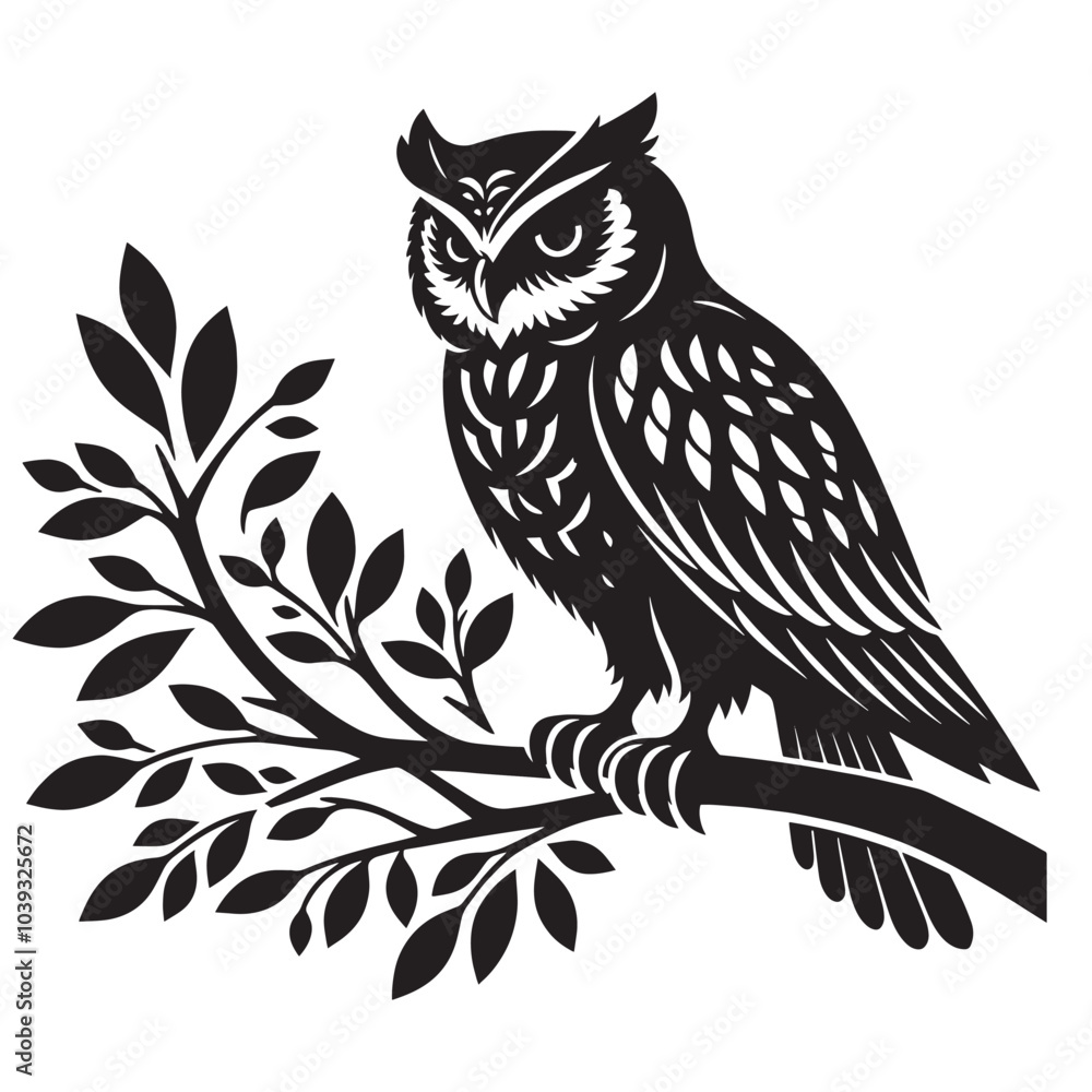 Silhouette of an owl perched on a branch with detailed feathers and leaves. Silhouette of an owl perched on a branch with detailed feathers and leaves.