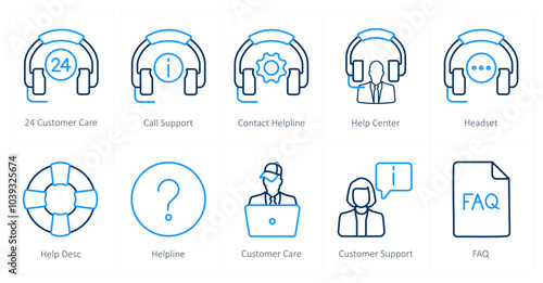 A set of 10 Customer Support icons as 24 customer care, call support, contact helpline