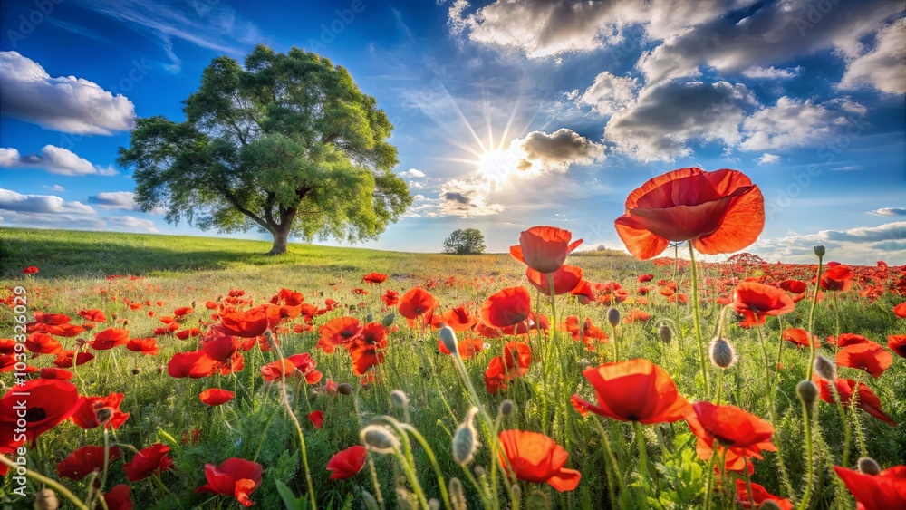 Fototapeta premium A vibrant red poppy field bathed in golden sunlight, a solitary tree stands sentinel against a backdrop of fluffy white clouds, a picturesque scene of nature's beauty