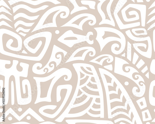 Polynesian motifs. Tiki seamless pattern. Aztec textile print.Geometric, vector background. Suitable for printing on fabric and paper, for parties. 