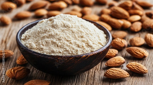 Bowl of almond flour surrounded by whole almonds on a rustic wooden table.