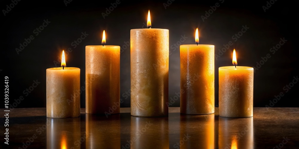 Five glowing candles stand on a dark surface, their flames dancing in the shadows, casting an ethereal glow and creating a mesmerizing spectacle of light and warmth. Five glowing candles stand on a dark surface, their flames dancing in the shadows, casting an ethereal glow and creating a mesmerizing spectacle of light and warmth.