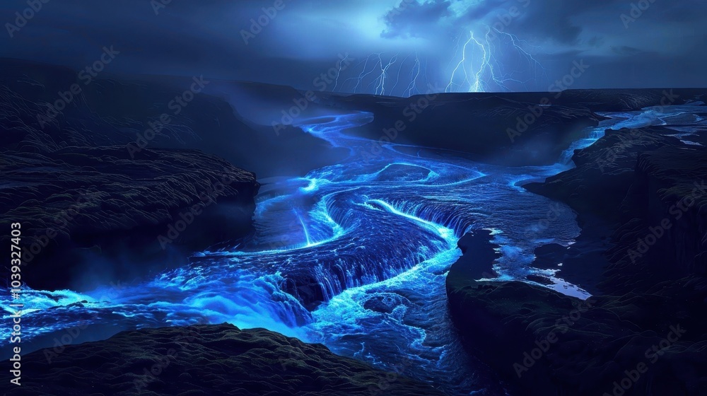 Naklejka premium Serene River Landscape Under Thunderous Skies