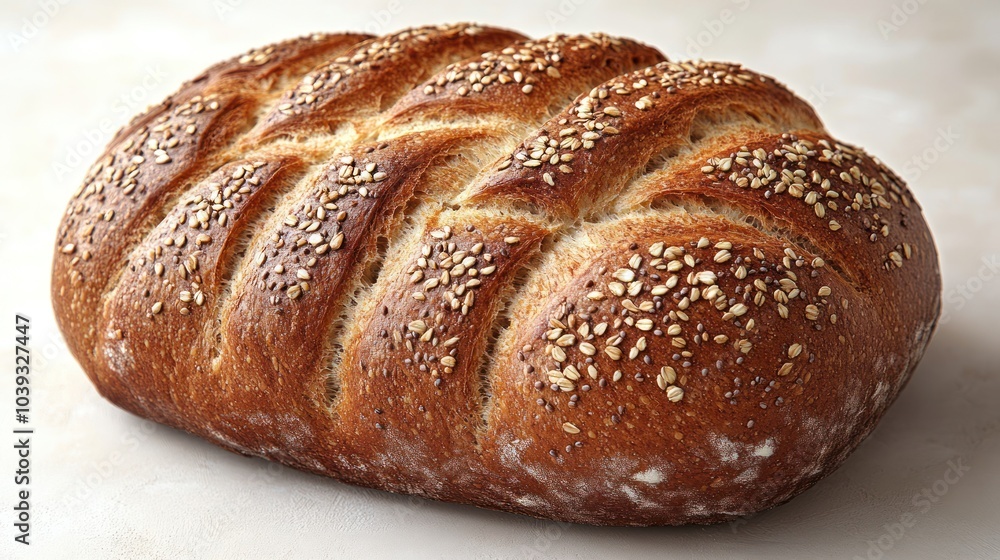 Freshly baked loaf of bread with a golden crust and oat topping. Freshly baked loaf of bread with a golden crust and oat topping.
