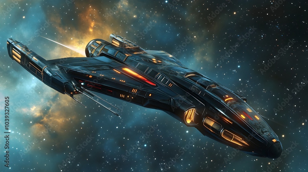 Obraz premium Futuristic Spacecraft Soaring Through the Cosmic Expanse of a Galactic Nebula