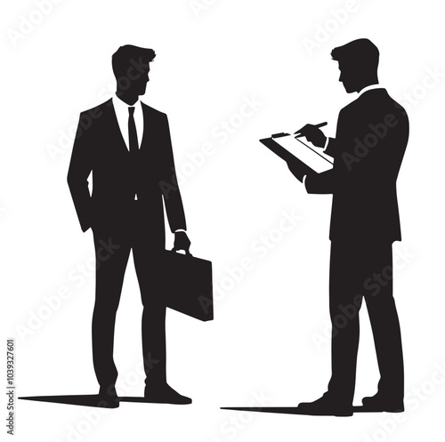 Two businessmen in suits stand facing each other. One is holding a briefcase and the other is writing on a clipboard.