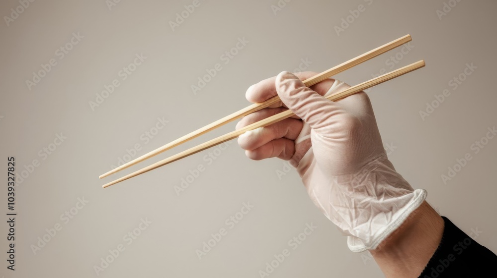 Close-up of a hand skillfully holding chopsticks, ready to pick up food against a plain background Close-up of a hand skillfully holding chopsticks, ready to pick up food against a plain background