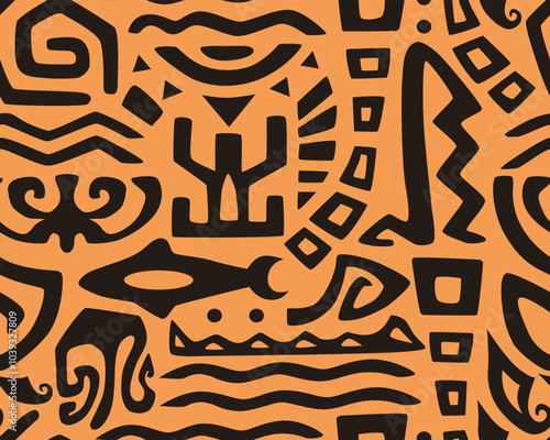Hawaiian motifs.. Tiki seamless pattern. Aztec textile print.Geometric, vector background. Suitable for printing on fabric and paper, for parties. 