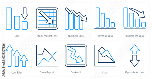 A set of 10 Diagrams and Reports icons as loss, stock market loss, business loss