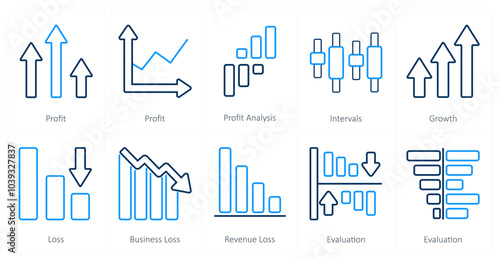 A set of 10 Diagrams and Reports icons as profit, profit analysis, intervals