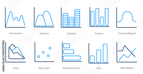 A set of 10 Diagrams and Reports icons as impressions, statistics, finance
