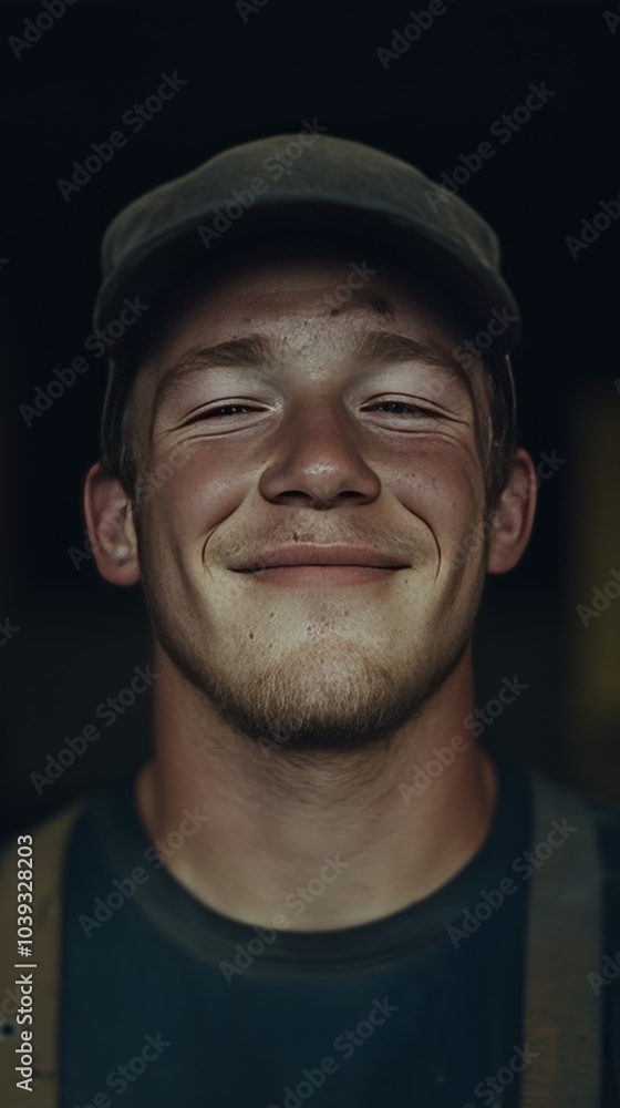 Portrait of a Smiling Young Man in Work Attire with a Cap and Natural Expression Portrait of a Smiling Young Man in Work Attire with a Cap and Natural Expression