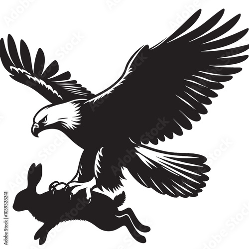 Eagle with spread wings flying with a rabbit in its talons.