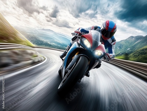 Dynamic Aerial View of a Motorbike Rider in Vibrant Gear on a Winding Road – Perfect for a Sports-Themed Interior Poster to Capture the Thrill of Speed Amidst Mountain Landscapes! photo