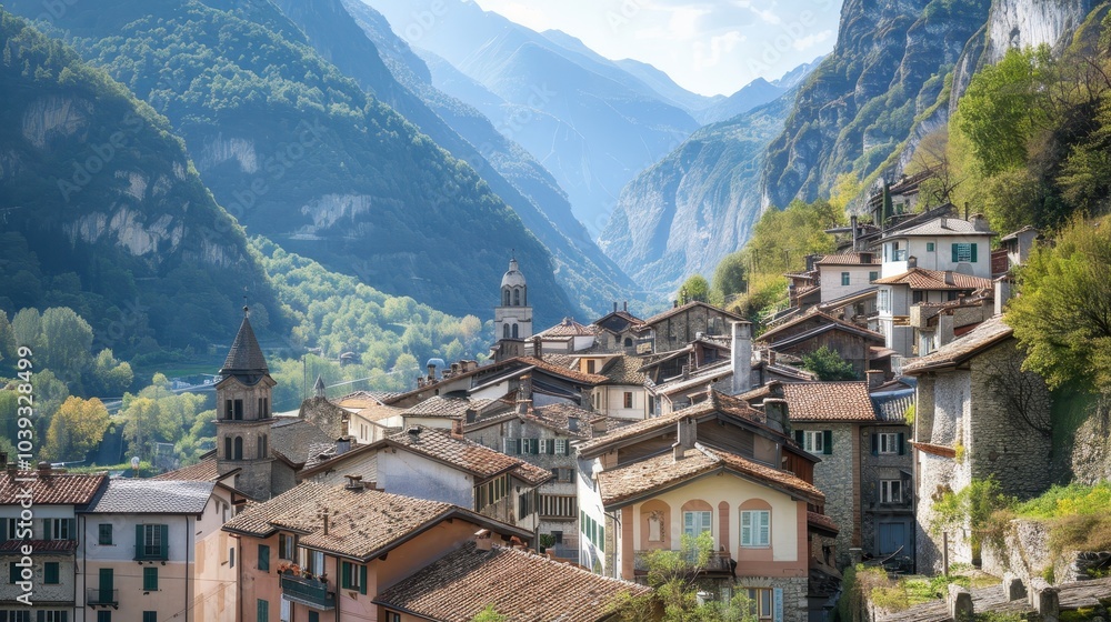 Obraz premium Scenic Medieval Village Among Rocky Mountains