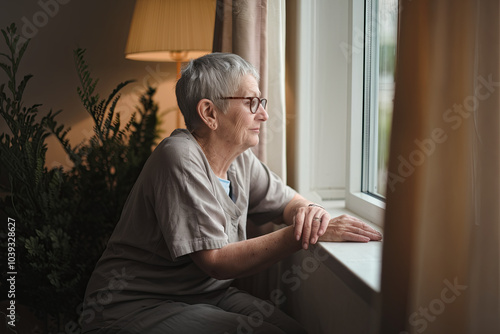 An elderly person sitting by the window, with hands resting on the windowsill, gazing outside photo