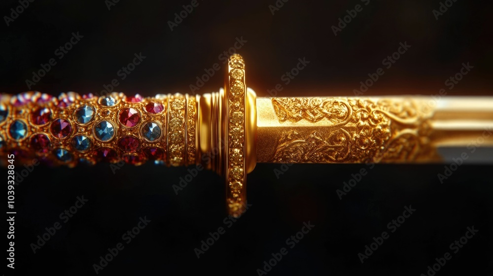 Exquisite Gold Sword Hilt Adorned with Glimmering Jewels Symbolizing Power Luxury and Opulent Craftsmanship in a Fantasy or Medieval Setting Exquisite Gold Sword Hilt Adorned with Glimmering Jewels Symbolizing Power Luxury and Opulent Craftsmanship in a Fantasy or Medieval Setting
