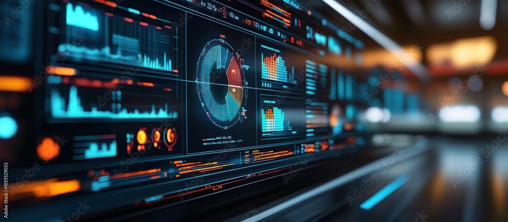 Close-up of a futuristic digital display with various graphs and charts, glowing in blue and orange hues. Close-up of a futuristic digital display with various graphs and charts, glowing in blue and orange hues.